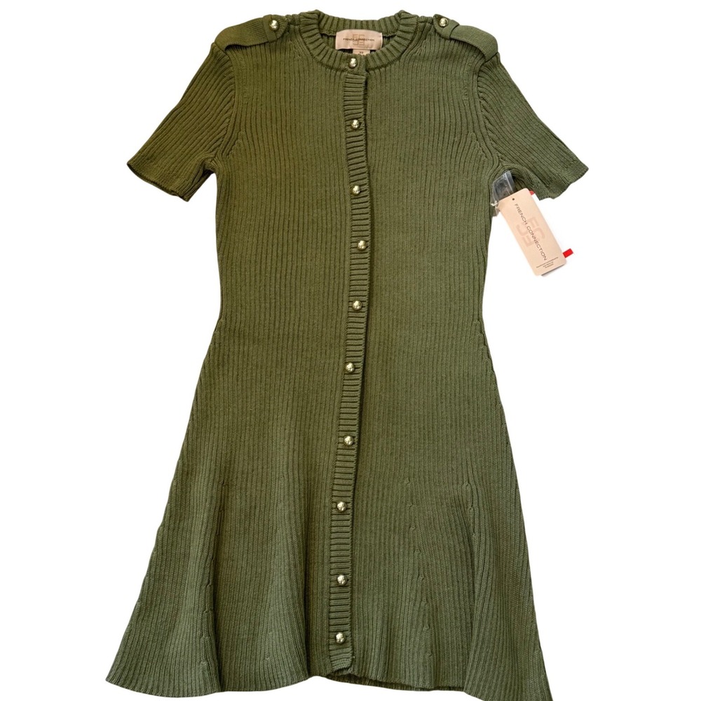 French Connection Olive Green Ribbed Knit Button Front Short Sleeve Dress XS